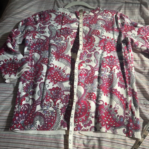 Talbots Women's Cotton 3/4 Sleeve Cardigan Sweater in Red Pink Grey White Sz M - Picture 9 of 9
